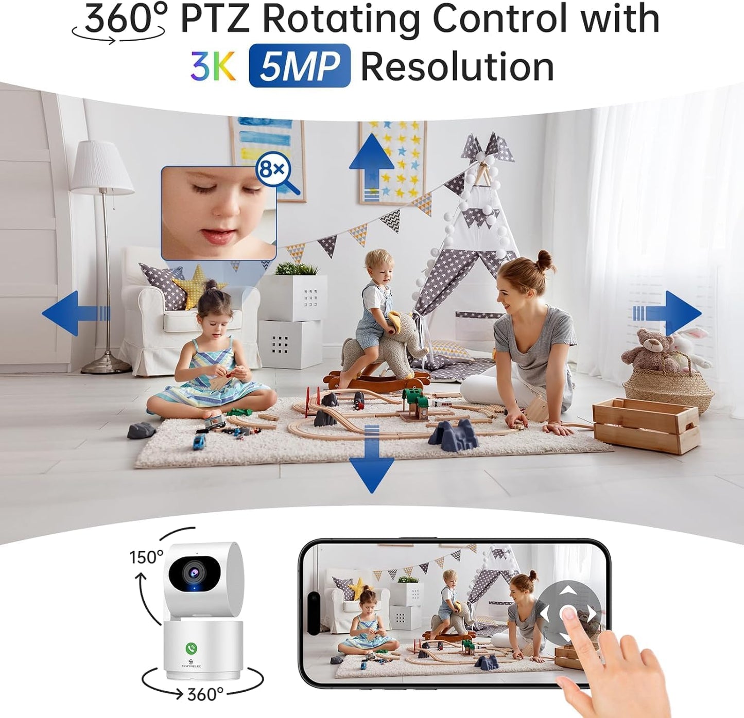 SYMYNELEC Y3 Dual Band WiFi 3K Pan/Tilt Indoor Security Camera, 5G/2.4G Wi-Fi Baby & Pet Camera with 360° Motion Tracking,One-Touch Call,AI Human Detection,2-Way Talk,IR Night Vision,Siren,Plug-in,Compatible with Alexa