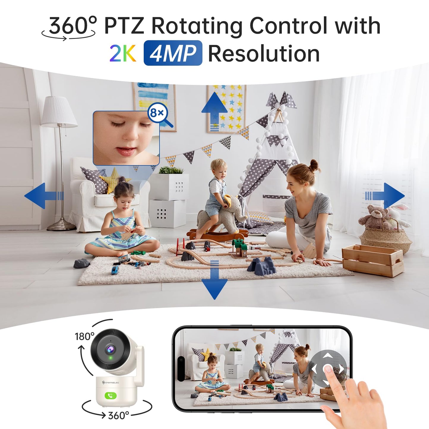 SYMYNELEC C5 5GHz/2.4GHz Indoor Security WiFi Camera, Smart Baby & Pet Monitor with One-Touch Call 360° AI Human Motion Tracking Cry Detection 2K 4MP PTZ IR Night Vision 2-Way Talk Siren Works with Alexa