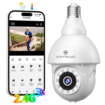 SYMYNELEC G9 2K Ampoule Caméra de sécurité extérieure étanche, 2,4 GHz WiFi uniquement Caméra de prise de lumière sans fil avec détection humaine AI Suivi de mouvement Vision nocturne couleur Sirène Alarme Compatible avec Alexa