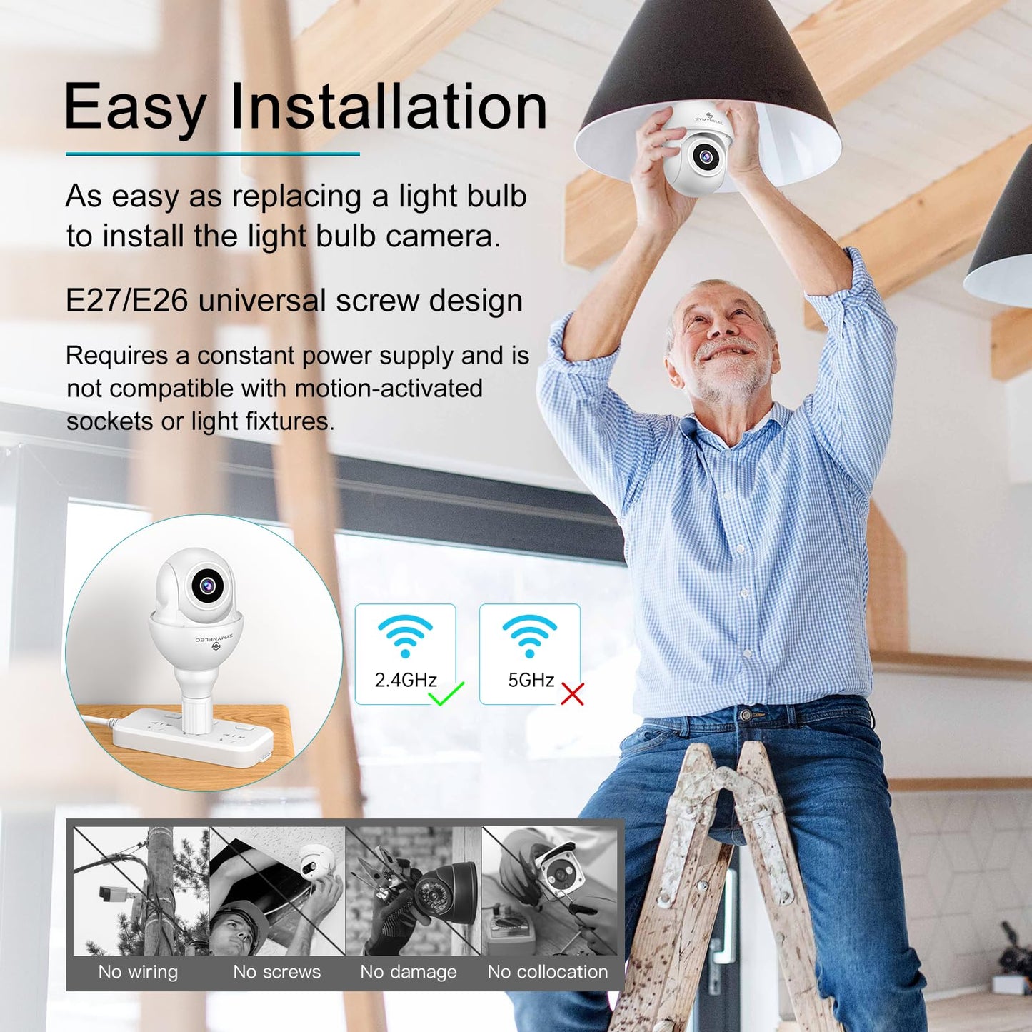 SYMYNELEC G9 2K Ampoule Caméra de sécurité extérieure étanche, 2,4 GHz WiFi uniquement Caméra de prise de lumière sans fil avec détection humaine AI Suivi de mouvement Vision nocturne couleur Sirène Alarme Compatible avec Alexa