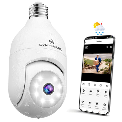 SYMYNELEC P6 2K Light Bulb Camera Weatherproof, 2.4GHz Only Wireless WiFi Light Socket Security Cam 360 Motion Detection Tracking Color Night Vision 2 Way Talk Works with Alexa Google