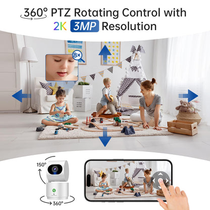 SYMYNELEC Y3 3K Indoor Security Camera Baby Monitor 2-Way Audio, Noise Reduction, PTZ Technology, Cry Detection, Motion Sensor