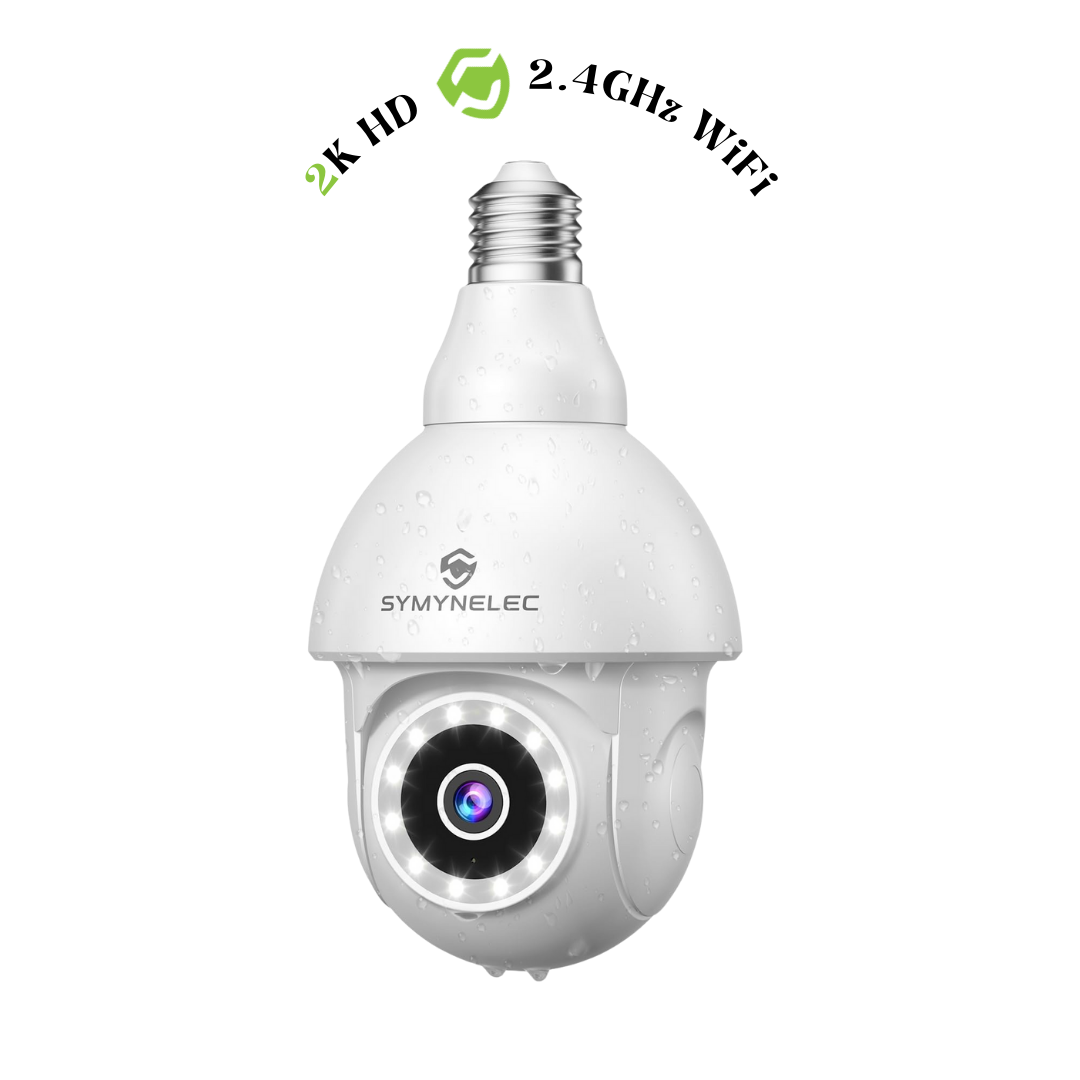 SYMYNELEC G9 2K Ampoule Caméra de sécurité extérieure étanche, 2,4 GHz WiFi uniquement Caméra de prise de lumière sans fil avec détection humaine AI Suivi de mouvement Vision nocturne couleur Sirène Alarme Compatible avec Alexa