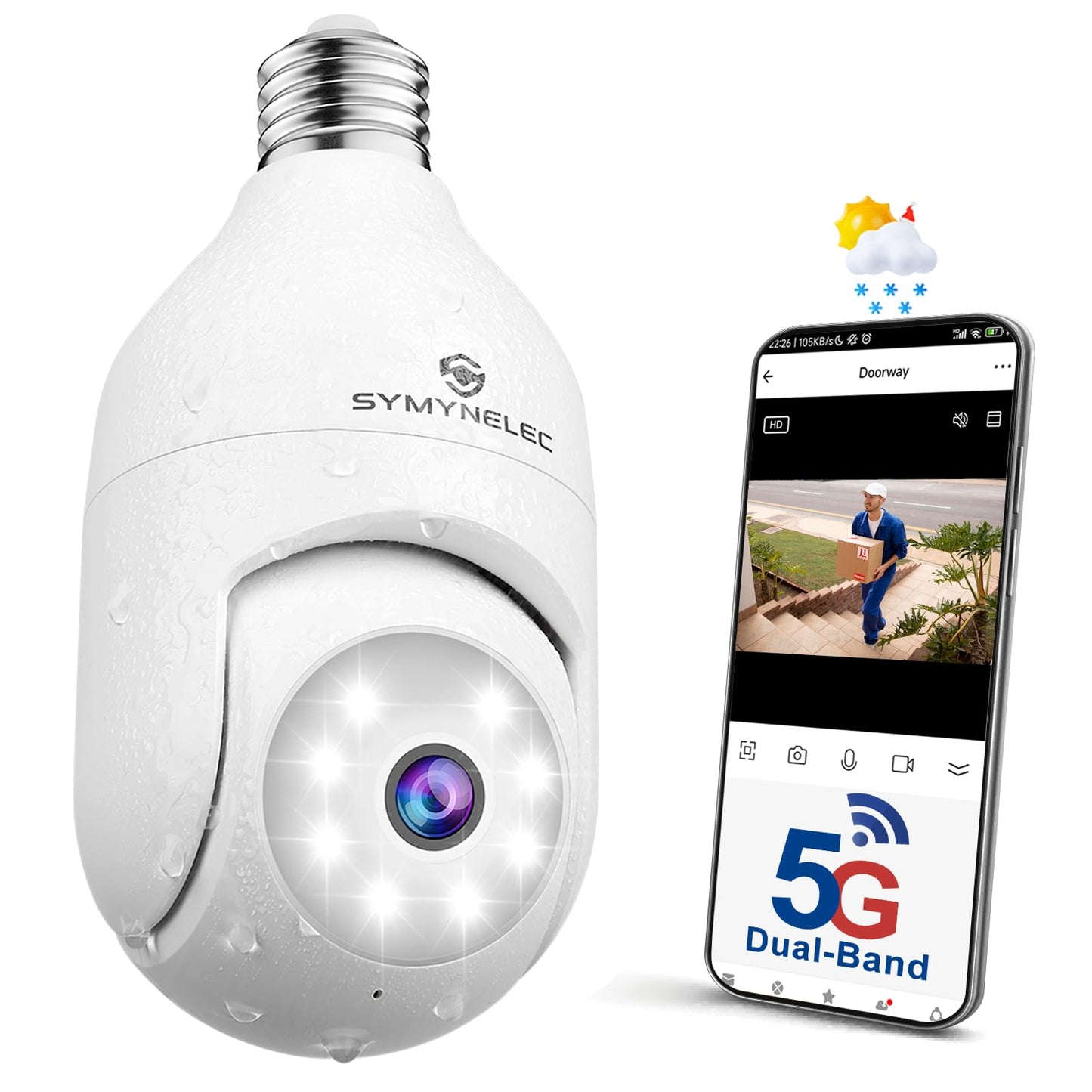 SYMYNELEC P6 2K Dual WiFi Light Bulb Camera Weatherproof, 2.4GHz/5Ghz Wireless WiFi Light Socket Security Cam 360 Motion Detection Tracking Color Night Vision 2 Way Talk Works with Alexa Google