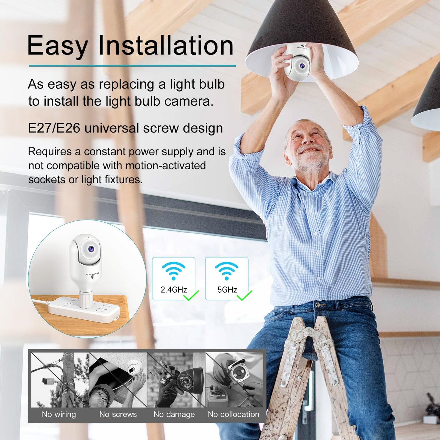 SYMYNELEC P6 2K Dual WiFi Light Bulb Camera Weatherproof, 2.4GHz/5Ghz Wireless WiFi Light Socket Security Cam 360 Motion Detection Tracking Color Night Vision 2 Way Talk Works with Alexa Google