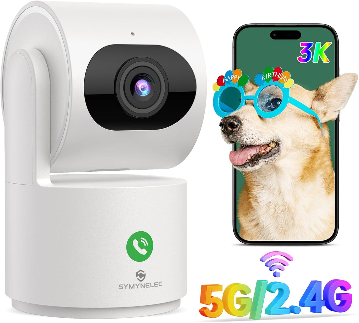 SYMYNELEC Y3 Dual Band WiFi 3K Pan/Tilt Indoor Security Camera, 5G/2.4G Wi-Fi Baby & Pet Camera with 360° Motion Tracking,One-Touch Call,AI Human Detection,2-Way Talk,IR Night Vision,Siren,Plug-in,Compatible with Alexa